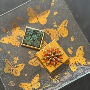 Pair of Vintage Gold Tone & Enamel Floral Pill Boxes